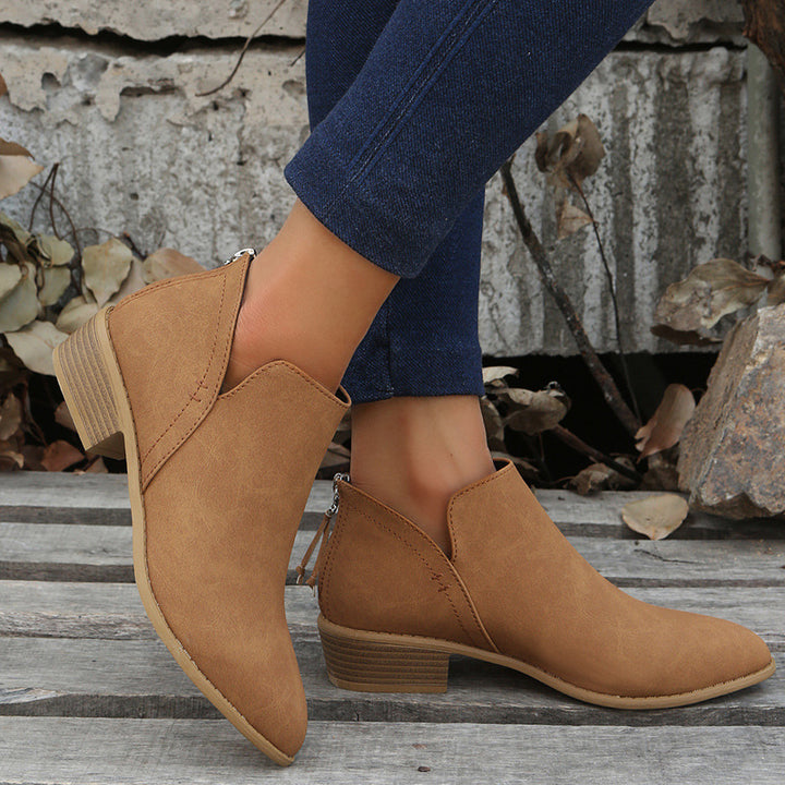 Damen Metallic-Ankleboots mit spitzer Kappe, Rückreißverschluss und niedrigem Blockabsatz Drune