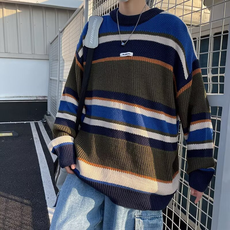 Herren Lässiger Grobstrickpullover mit buntem Streifenmuster Drune