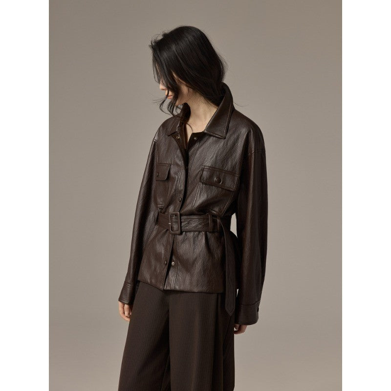 Damen Hemdjacke aus Lederoptik mit tailliertem Gürtel Drune