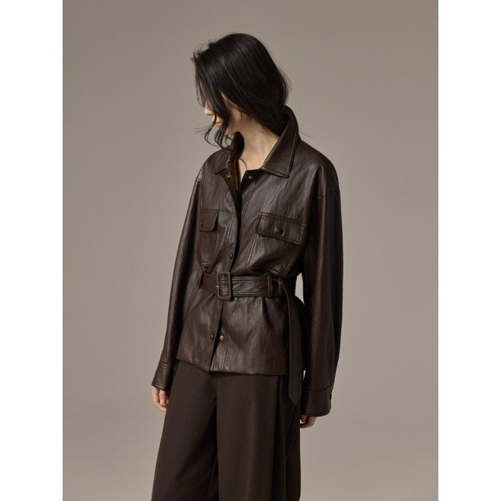 Damen Hemdjacke aus Lederoptik mit tailliertem Gürtel Drune