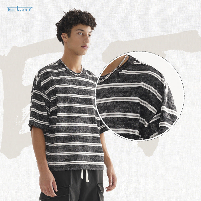 Herren Oversize Kurzarmshirt im verwaschenen Used-Look mit Blockstreifen Drune