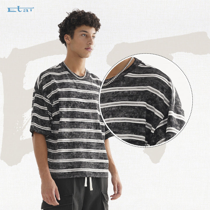 Herren Oversize Kurzarmshirt im verwaschenen Used-Look mit Blockstreifen Drune