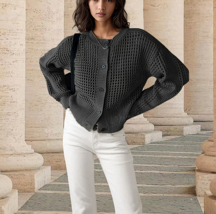 Damen Strickjacke mit offenem Netzdesign und großen Knöpfen Drune