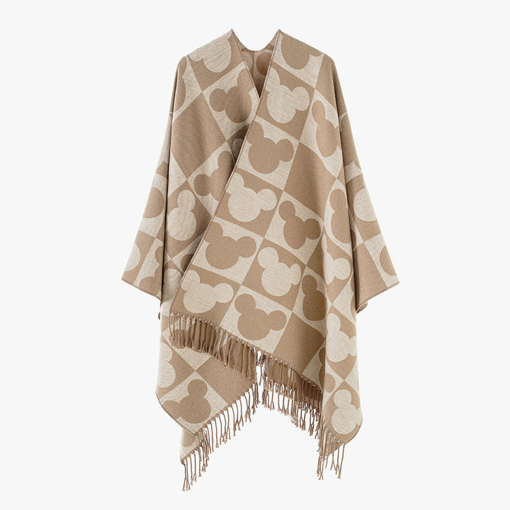 Damen Oversize-Poncho mit Fransen und figurativem Jacquardmuster aus Wollmix Drune