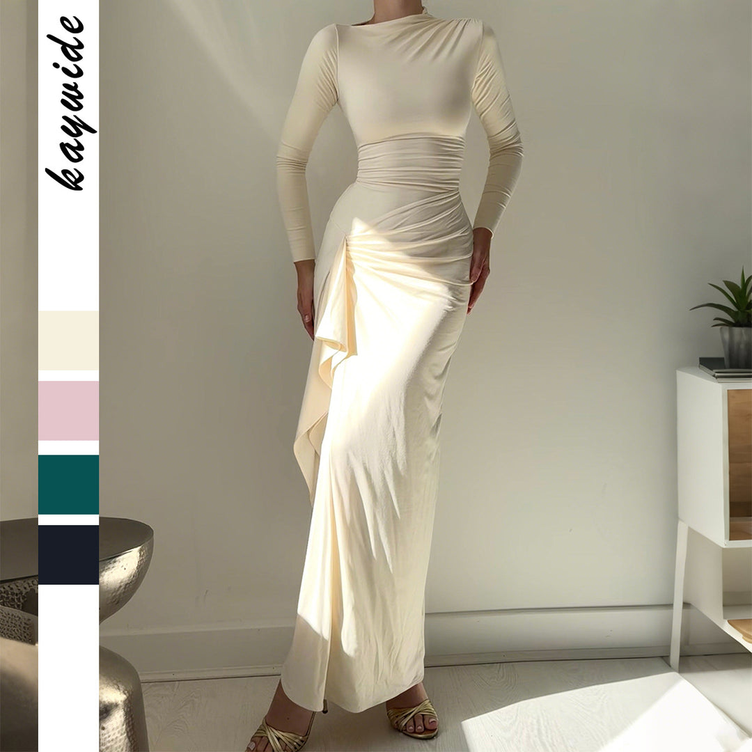 Damen nan gerafftes Maxikleid mit langen Ärmeln, taillierender Stretch-Passform und seitlichem Volant-Detail Drune