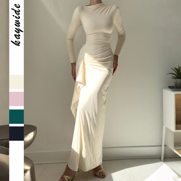 Damen nan gerafftes Maxikleid mit langen Ärmeln, taillierender Stretch-Passform und seitlichem Volant-Detail Drune