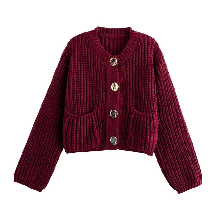 Damen Modische Strickjacke mit großen Knöpfen und praktischen Taschen Drune
