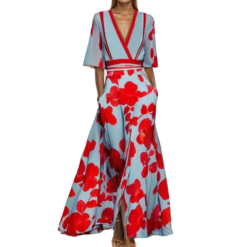Damen Maxikleid mit Wickeloberteil, Taillengürtel und fließendem Satinrock Drune