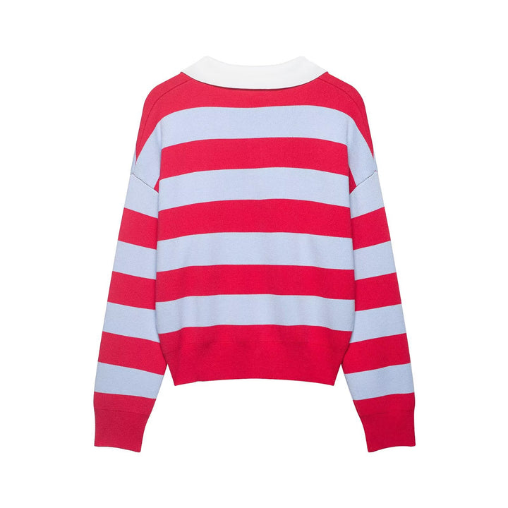 Damen Gestreifter Rugby-Pullover mit offenem Polokragen Drune