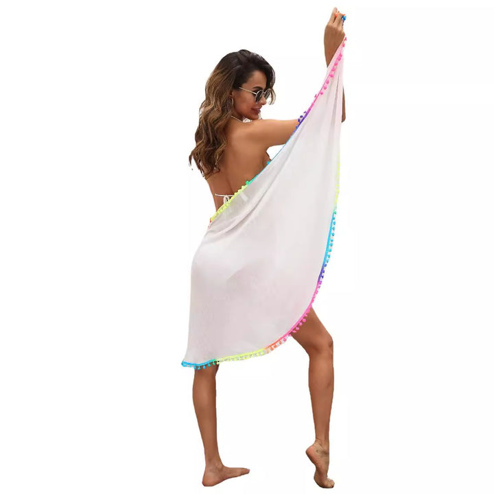Damen eleganter Strandüberwurf mit buntem Pompon-Rand Drune