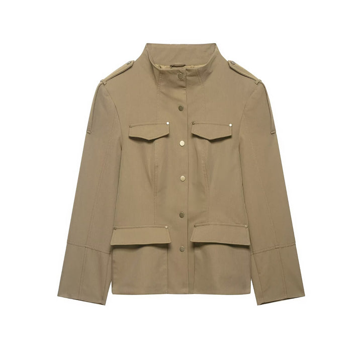 Damen Utility-Safarijacke mit Stehkragen, aufgesetzten Klappentaschen und Epauletten Drune