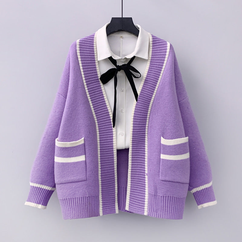 Damen lässiger Strickjacke mit großen Taschen und Kontrastdetails Drune