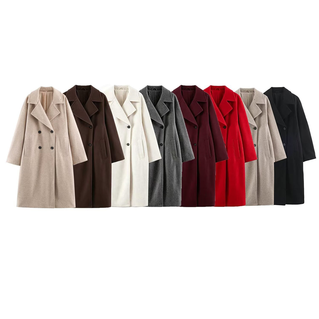 Damen Midilanger Wollmix-Doppelreihenmantel mit weitem Revers und Eingrifftaschen Drune