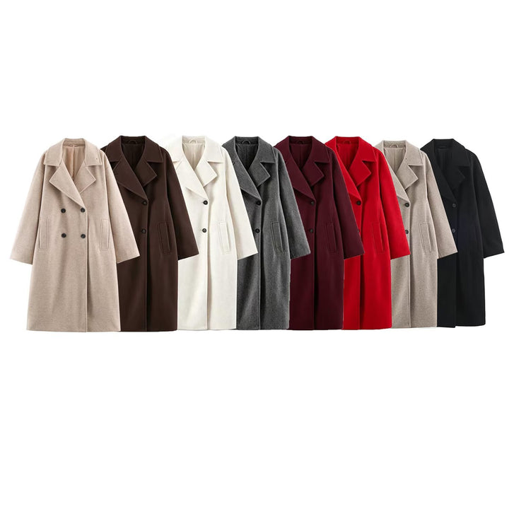 Damen Midilanger Wollmix-Doppelreihenmantel mit weitem Revers und Eingrifftaschen Drune