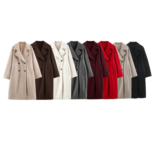 Damen Midilanger Wollmix-Doppelreihenmantel mit weitem Revers und Eingrifftaschen Drune