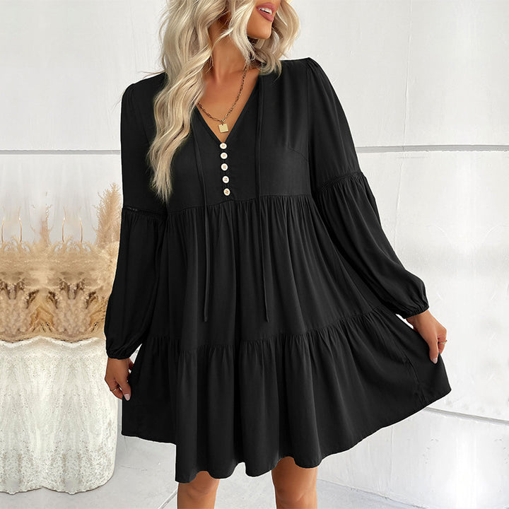Damen Weiches Stufen-Minikleid mit V-Ausschnitt, Knopfleiste und Ballonärmeln Drune