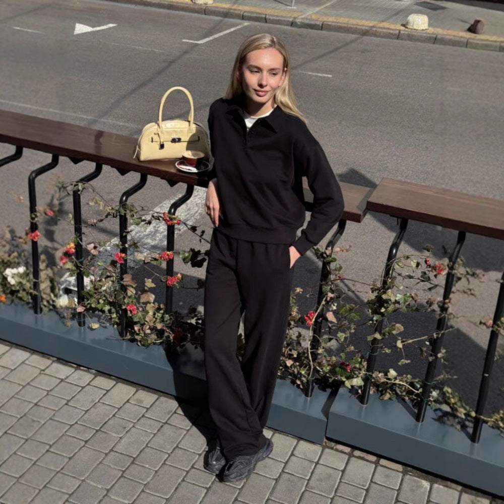 Damen Loungewear-Anzug aus weichem Fleece mit Polo-Kragen und geraden Hosen Drune