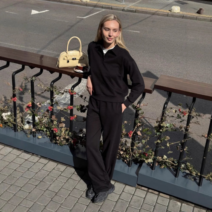 Damen Loungewear-Anzug aus weichem Fleece mit Polo-Kragen und geraden Hosen Drune