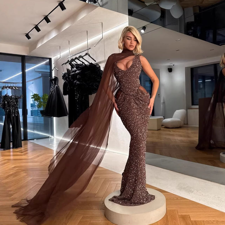 Damen Glamouröses Abendkleid mit funkelnden Pailletten und dramatischem Chiffonüberwurf Drune