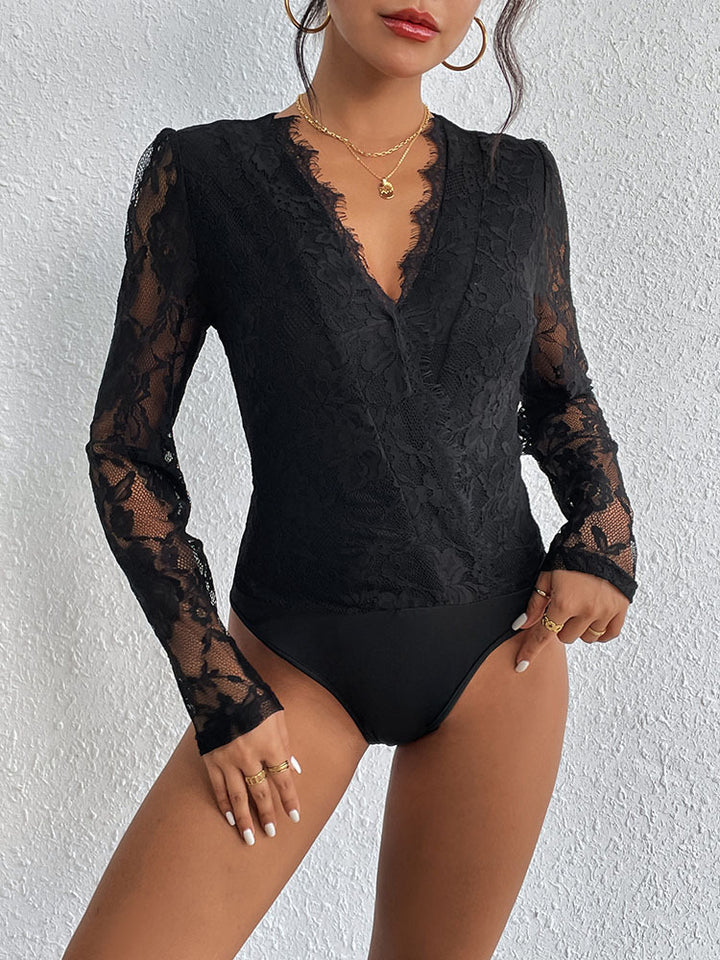 Damen Spitzenbody mit raffiniertem V-Ausschnitt und eleganten Rüschendetails Drune