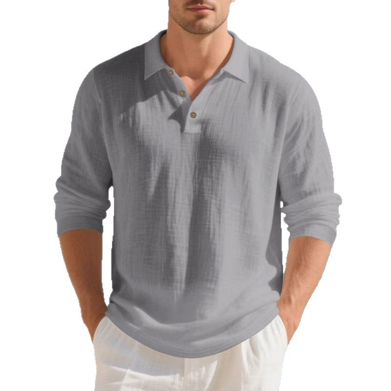 Herren nan Musselin-Langarm-Poloshirt mit Hemdkragen, kurzer Knopfleiste und natürlicher Knopfoptik Drune