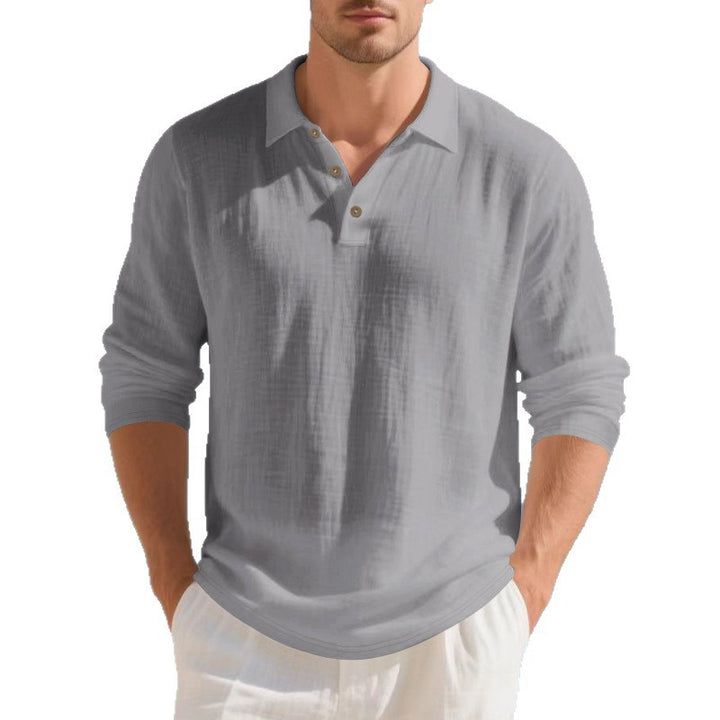 Herren nan Musselin-Langarm-Poloshirt mit Hemdkragen, kurzer Knopfleiste und natürlicher Knopfoptik Drune