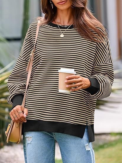 Damen Gestreifter Oversize-Sweater mit Rundhalsausschnitt und Seitenschlitzen Drune
