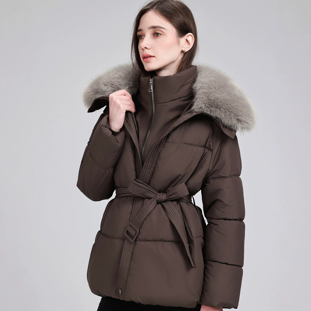 Damen Taillierter Pufferparka mit Wickelgürtel, hohem Stehkragen und voluminösem Fellkragen Drune