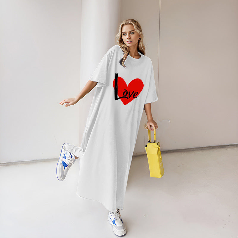 Damen nan locker geschnittenes Maxikleid mit großem Herzgrafikprint und Rundhalsausschnitt Drune
