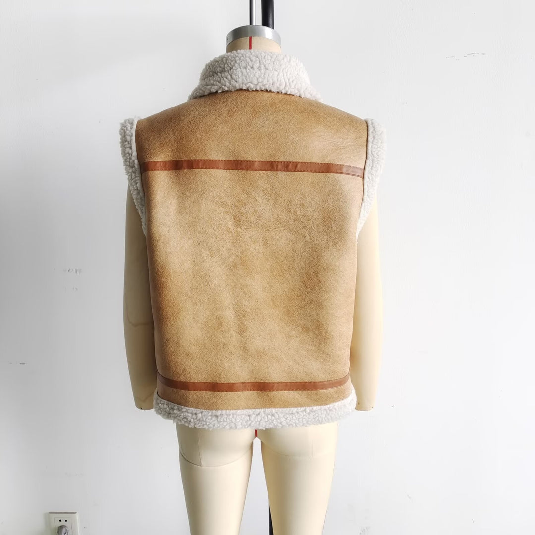Damen nan wattierte Lammfellimitat-Weste mit großem Sherpa-Kragen, Reißverschluss und Eingrifftaschen Drune
