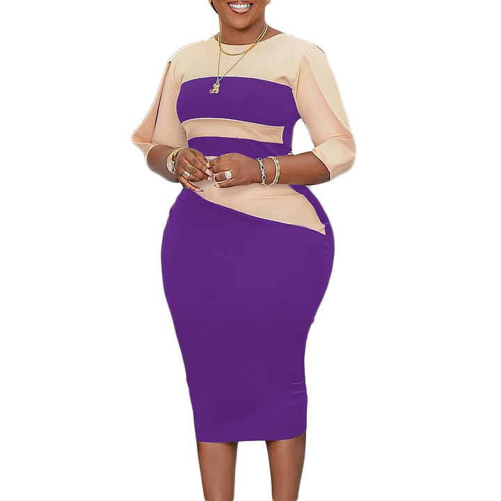 Damen figurbetontes Midi-Kleid mit asymmetrischen Farbschnitten und eleganten ¾-Ärmeln Drune