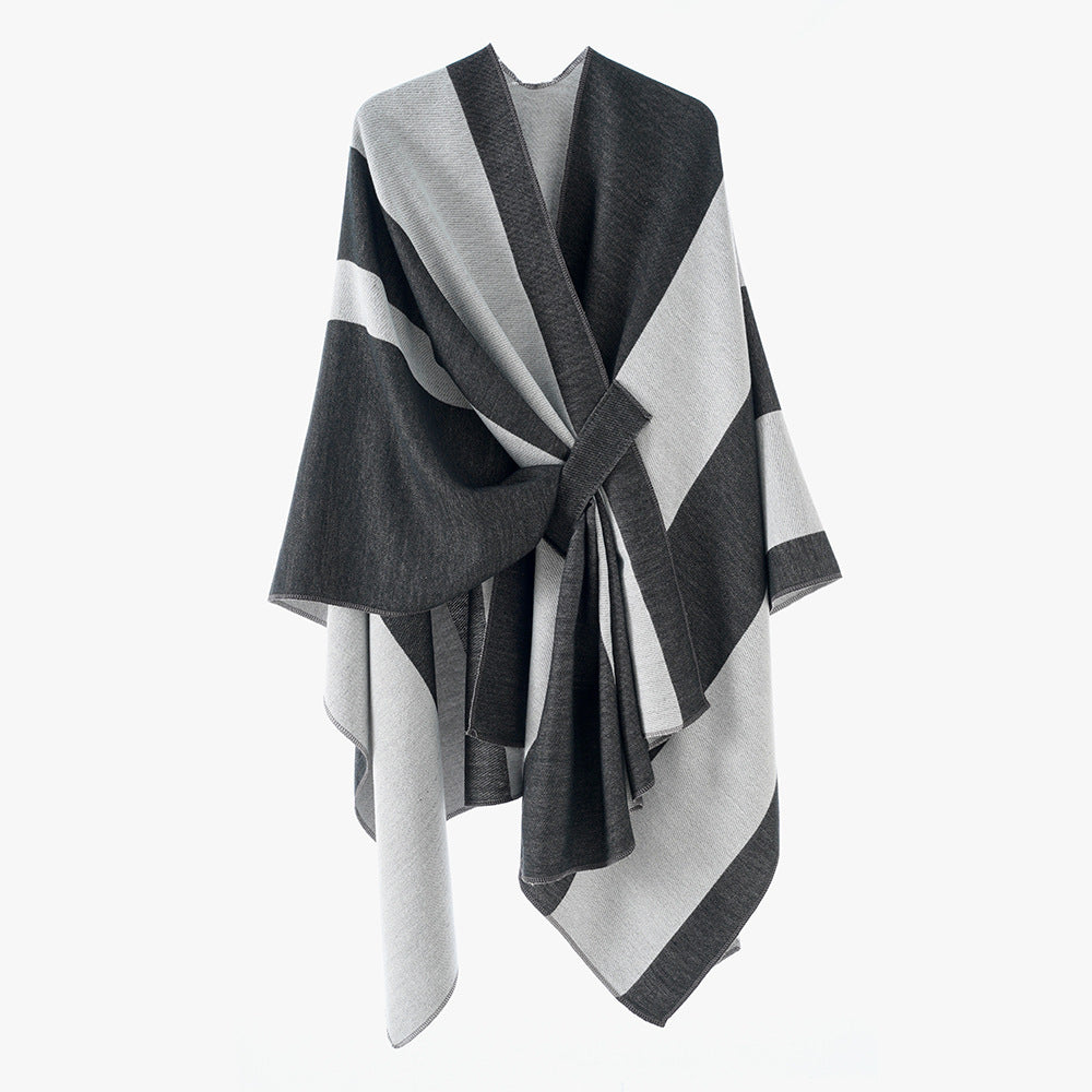 Damen weit geschnittenes Cape aus Wollmischung mit Bindegürtel und kontrastierten Säumen Drune