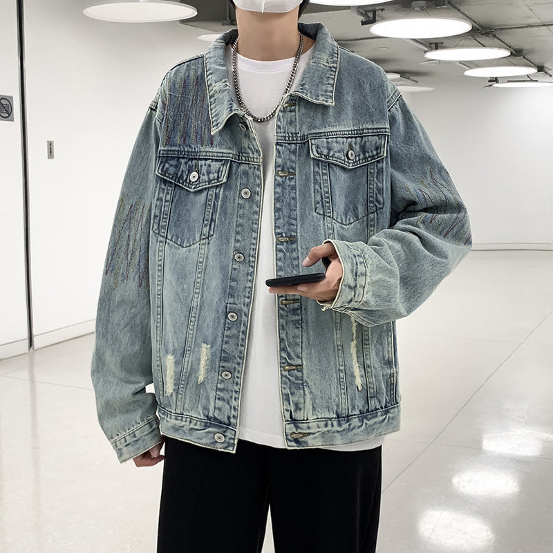 Herren Modische Denimjacke mit kreativen Akzenten Drune