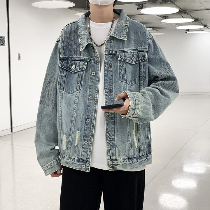 Herren Modische Denimjacke mit kreativen Akzenten Drune