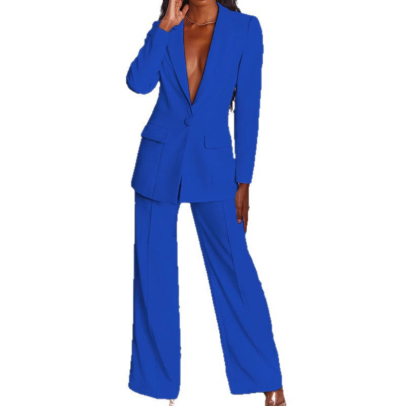 Damen nan taillierter Ein-Knopf-Blazer mit Pattentaschen und weiter Palazzo-Hose Hosenanzug Drune