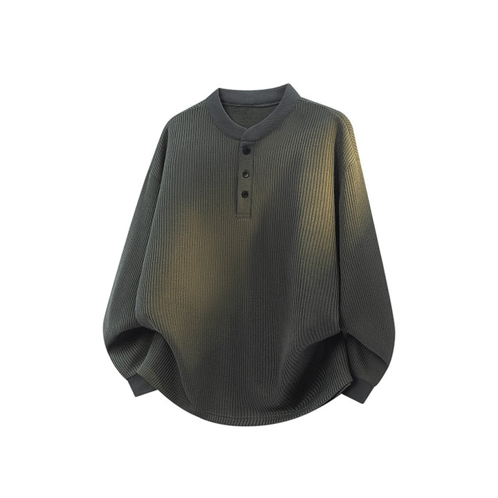 Unisex Weitgeschnittener Waffelstrick-Henleypullover mit Stehkragen Drune