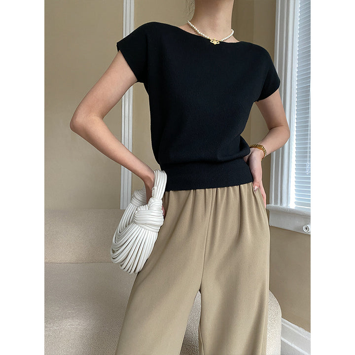Damen elegantes kurzärmeliges Strickoberteil mit feiner Rippstruktur Drune