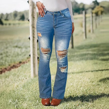 Damen Bootcut-Jeans mit Knie-Rissen aus Stretch-Denim und mittelhoher Taille Drune