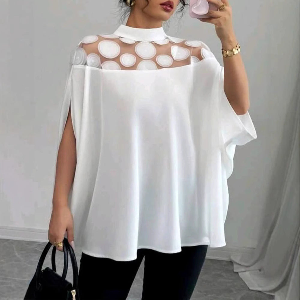 Damen nan weit geschnittene Bluse mit transparentem Rundapplikationseinsatz und Capeärmeln Drune