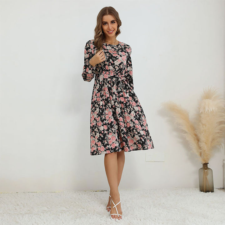 Damen Blumenkleid mit lange Ärmeln und hohem Schlitz Drune