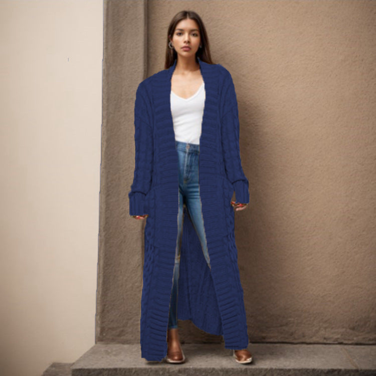 Damen Langer Strickcardigan mit strukturiertem Zopfmuster und praktischen Taschen Drune