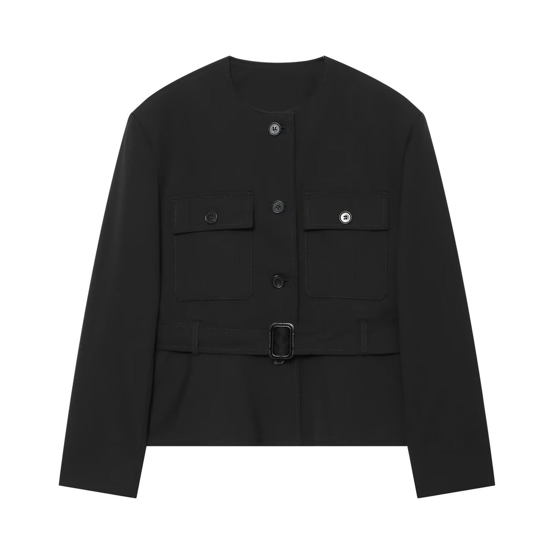 Damen Taillierte Cropped‑Jacke mit Gürtel, Pattentaschen und Rundhals Drune