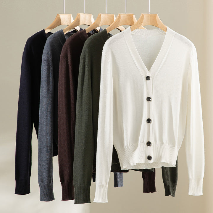 Damen Feiner V-Ausschnitt Cardigan mit Knopfleiste und geripptem Saum Drune