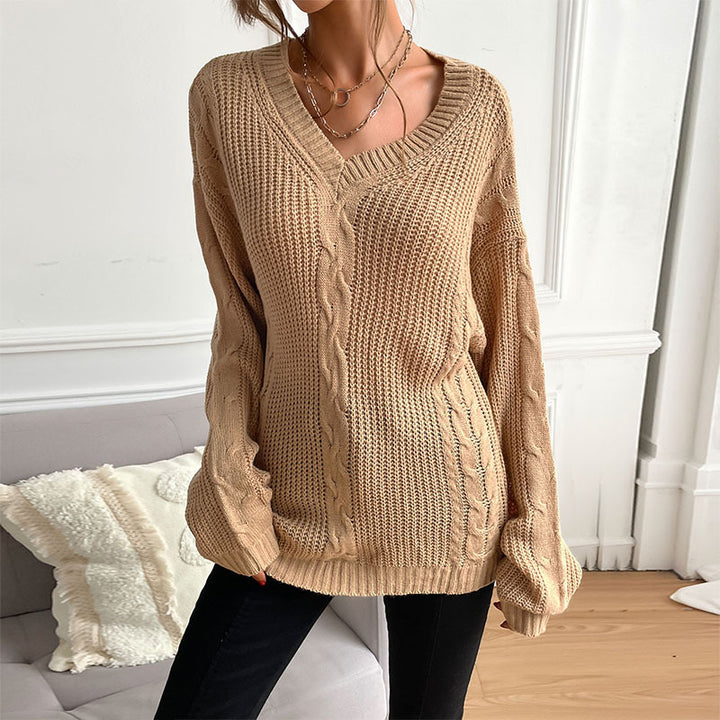 Damen Grobstrick Oversize-Pullover mit Zopfdetail und weitem V-Ausschnitt Drune