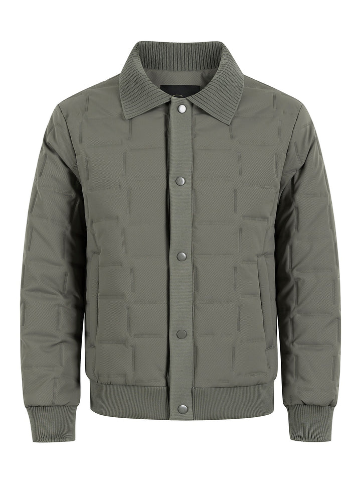 Herren Kurz geschnittene gesteppte Bomberjacke mit Rippenkragen, Druckknopfleiste und geometrischem Quilt Drune