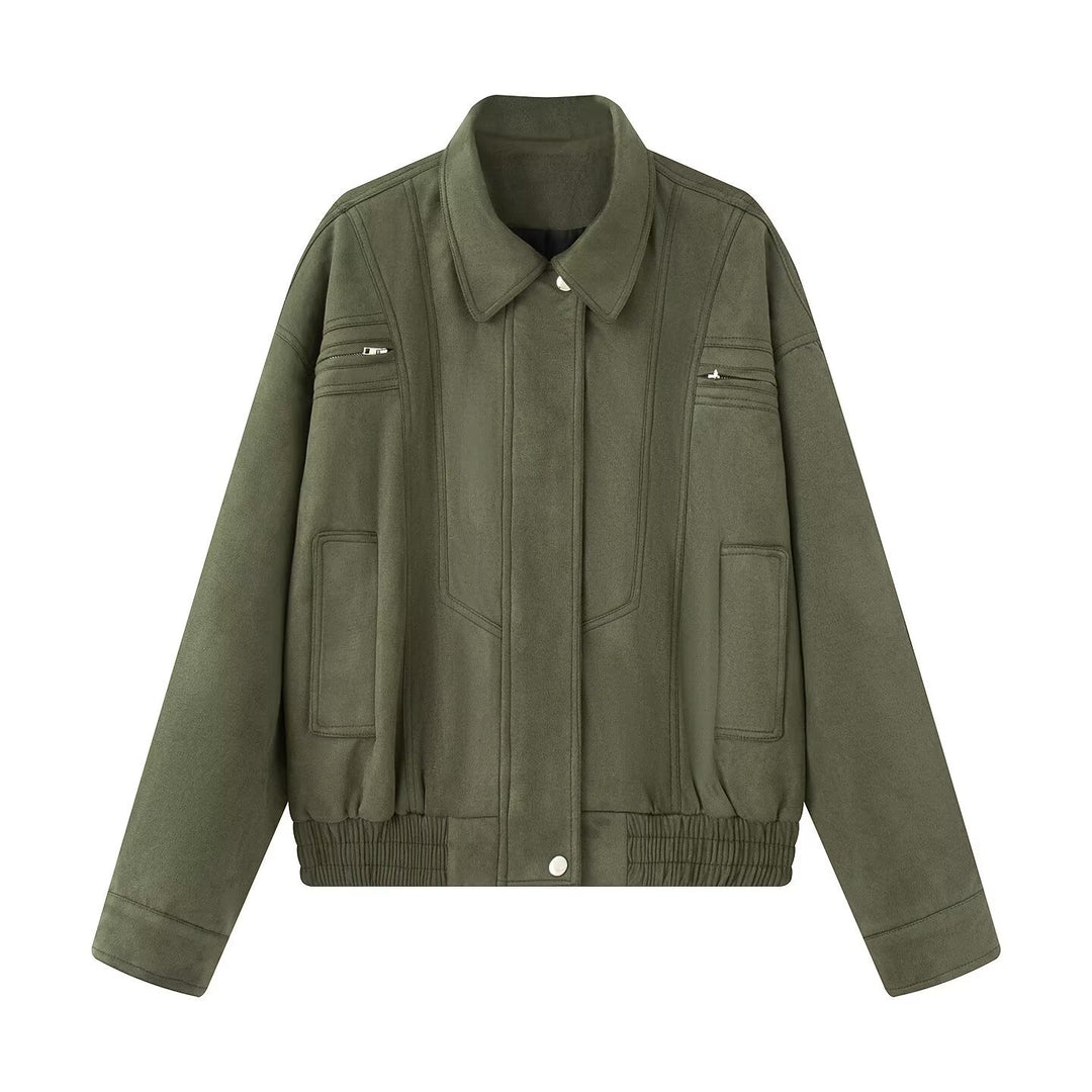 Damen 10+ kurz geschnittene Velours‑Blousonjacke mit elastischem Saum, Pattentaschen und Reißverschlussdetails Drune