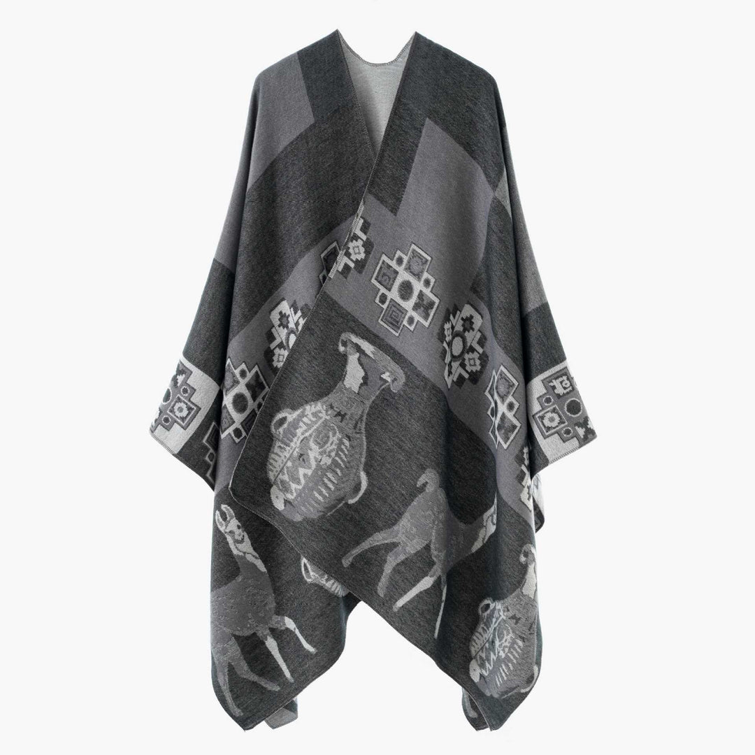 Damen Cape-Überwurf aus Jacquard-Strick mit Tier- und Ethno-Motiv Drune