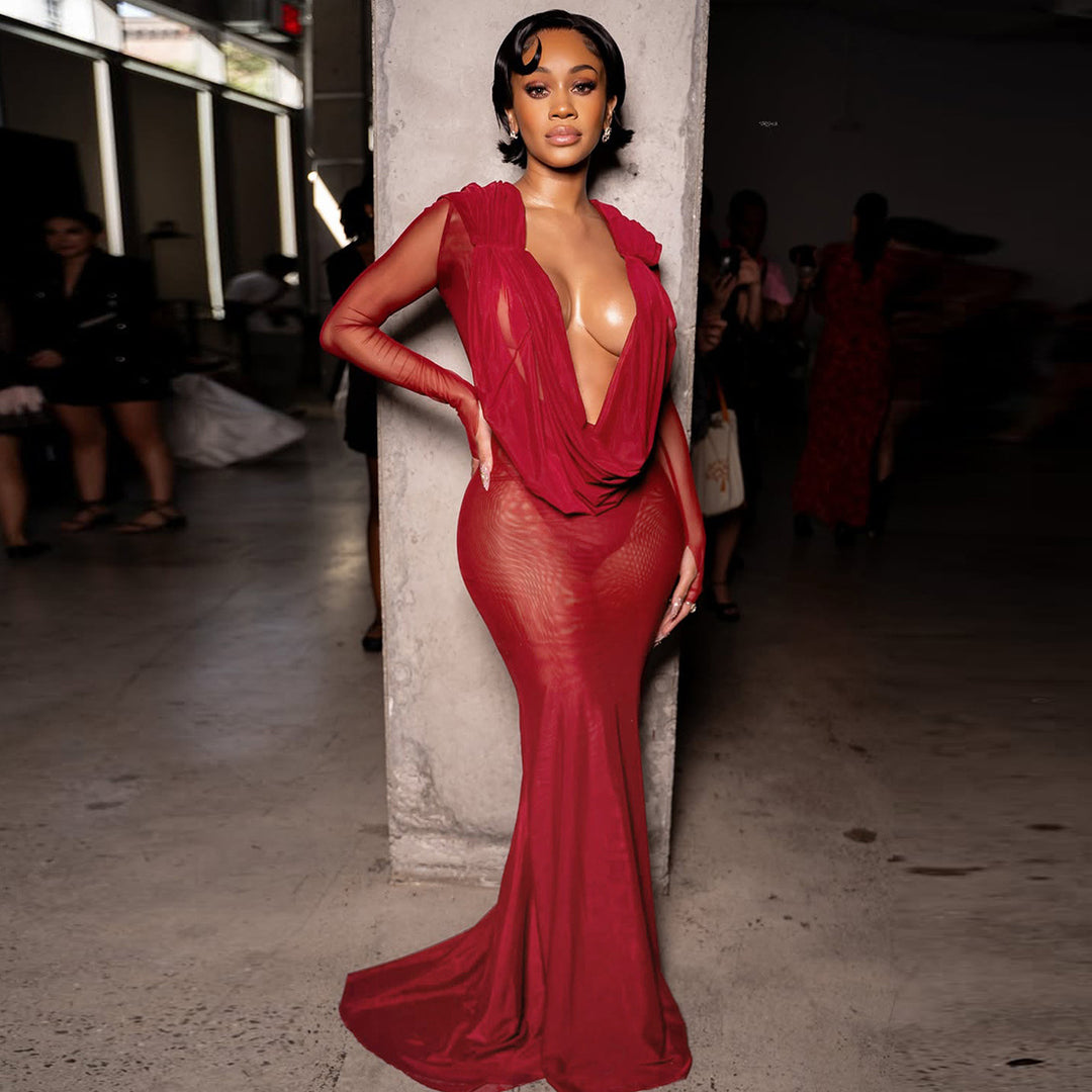 Damen Elegantes lange Kleid mit tiefem V-Ausschnitt und Raffungen Drune