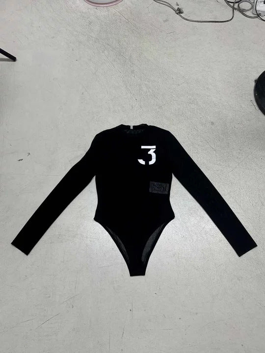 Damen eleganter Body mit transparenten Akzenten und Langarm Drune