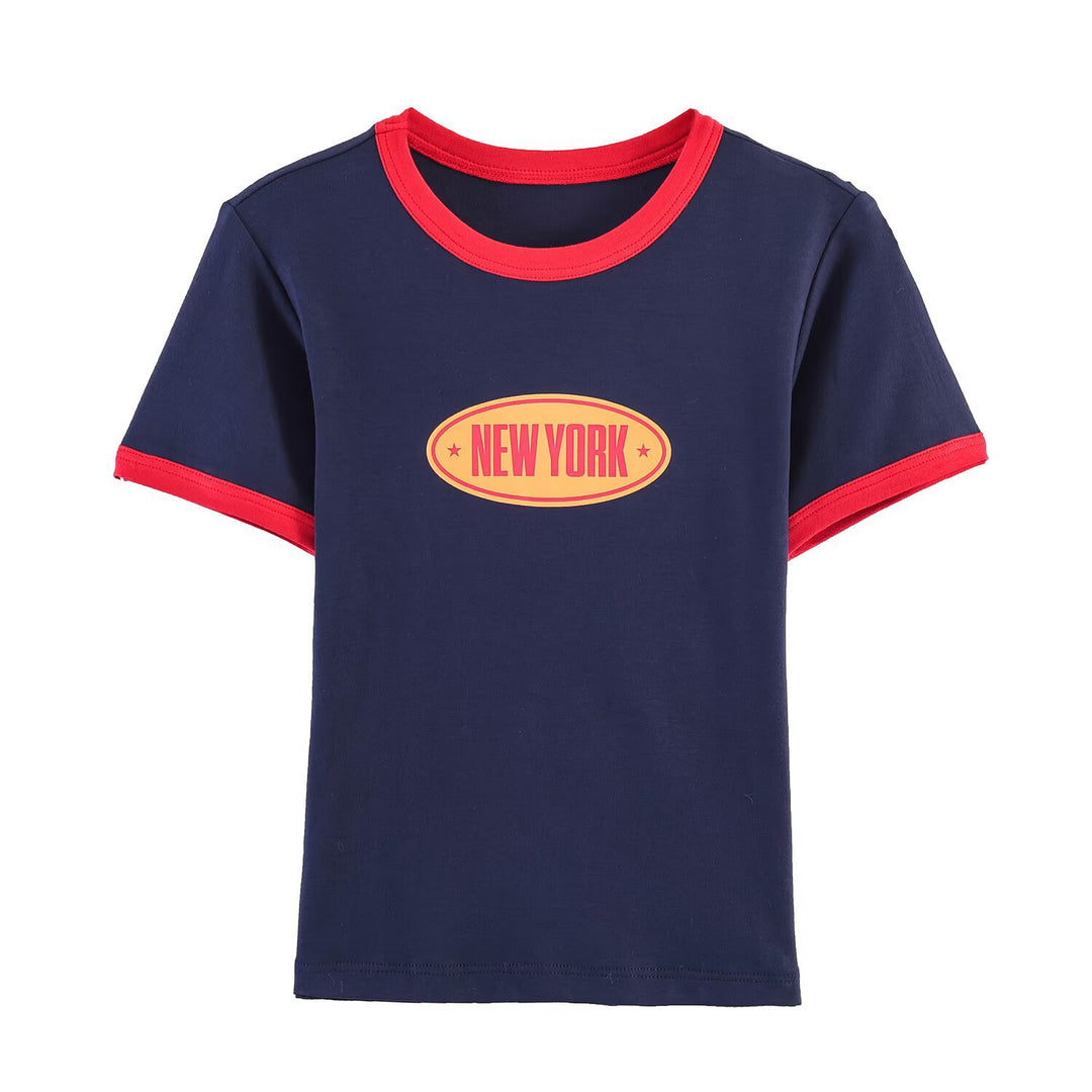 Damen modisches T-Shirt mit kontrastierenden Ärmeln und aufgedrucktem Schriftzug Drune